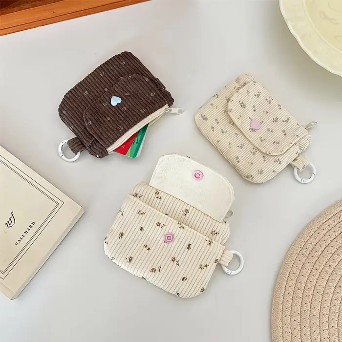 Sac de rangement pour pièces de monnaie en velours côtelé, portefeuille pour femme, porte-cartes à fermeture éclair, sac pour cartes bancaires et papiers d'identité, sac à maquillage pour rouge à lèvr