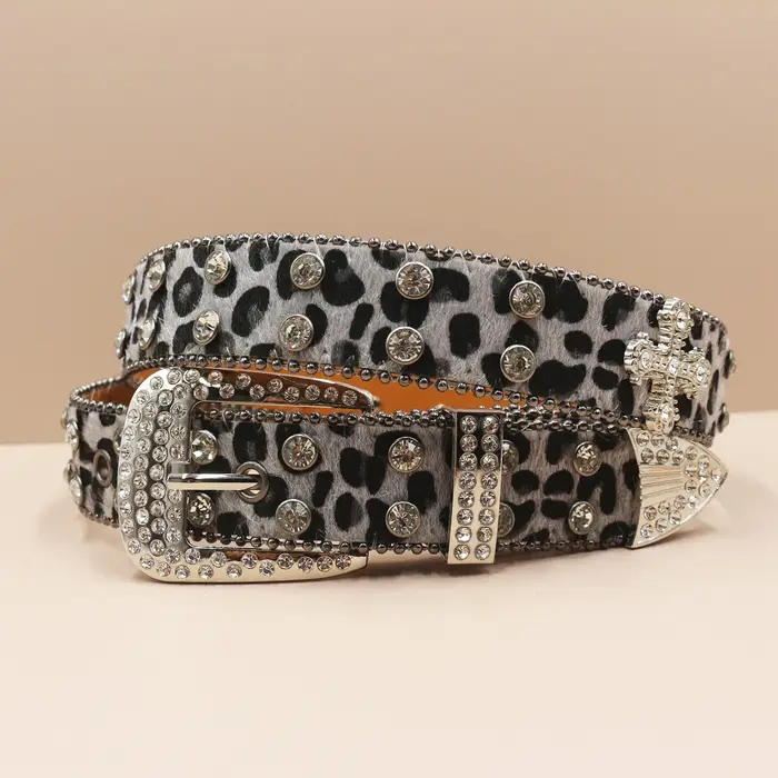 Ceinture en cuir à imprimé léopard et strass pour hommes et femmes