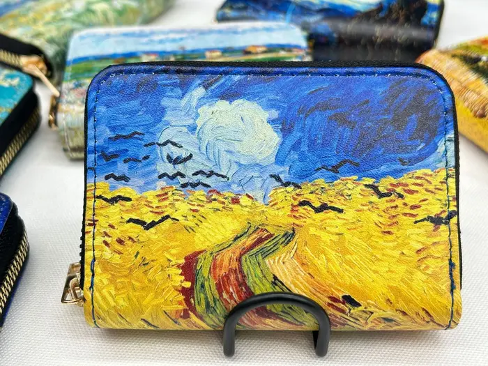 Porte-cartes artistique en cuir végétalien avec fermeture éclair, portefeuille multifonctionnel dura