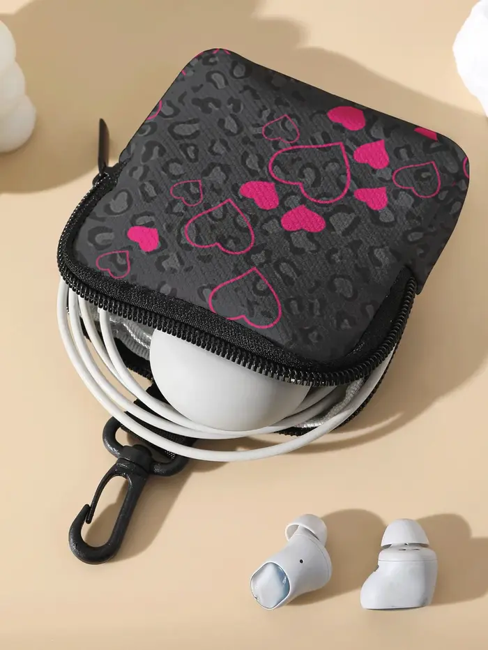 1 pièce, porte-monnaie portable avec imprimé léopard gris et motifs de cœurs roses