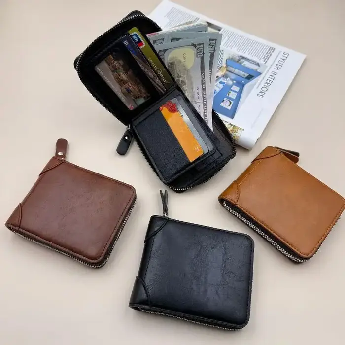 Portefeuille pour homme en cuir de qualité avec fermeture éclair