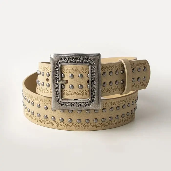 Ceinture texturée et cloutée de style bohème coréen avec finition vieillie exquise - Ceinture tendan