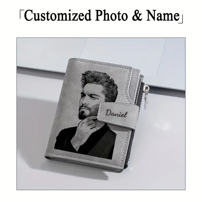 Portefeuille court personnalisé avec photo et nom pour homme, porte-cartes à fermeture éclair de hau