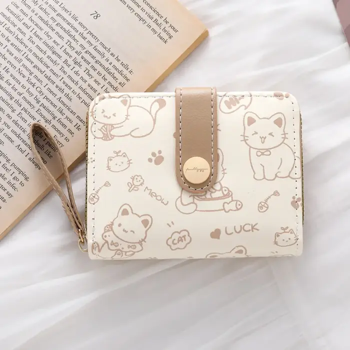 Porte-monnaie chat mignon pour femmes, portefeuille court en cuir PU, grande capacité, léger, porte-