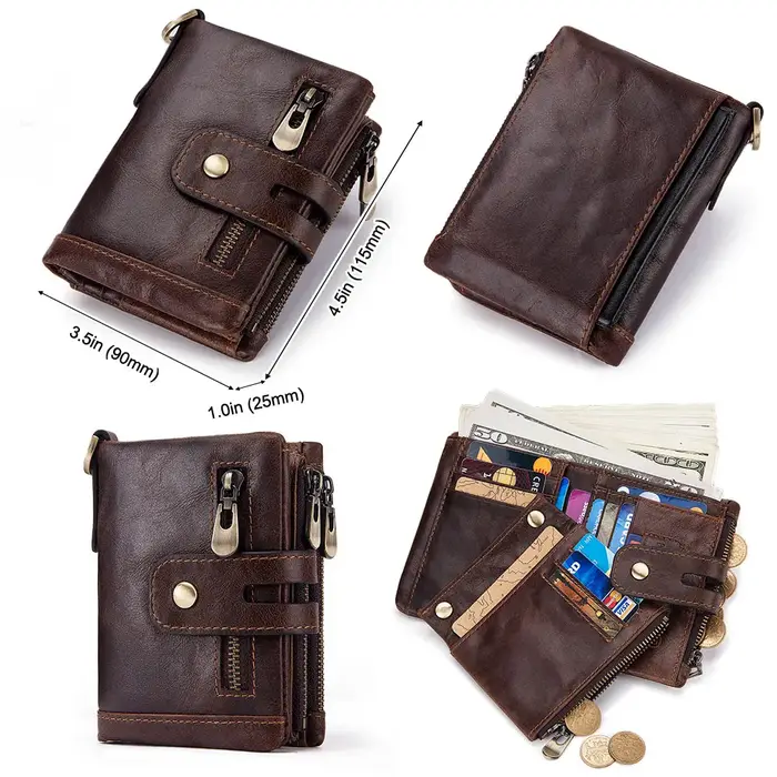 KAVIS portefeuille en cuir de vachette véritable avec poche pour pièces de monnaie pour hommes porte-carte d'argent court Double fermeture éclair mâle à deux volets RFID