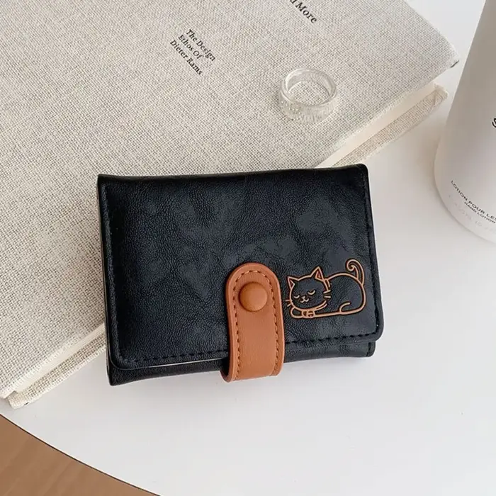 Porte-monnaie portable imprimé chat en cuir PU