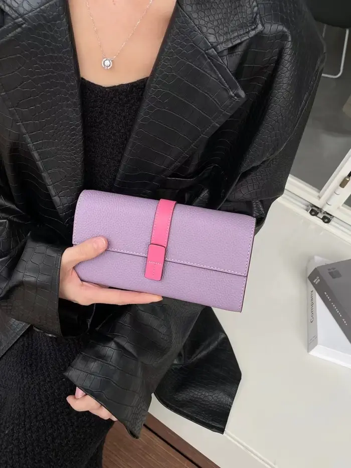 Portefeuille long en cuir véritable pour femme