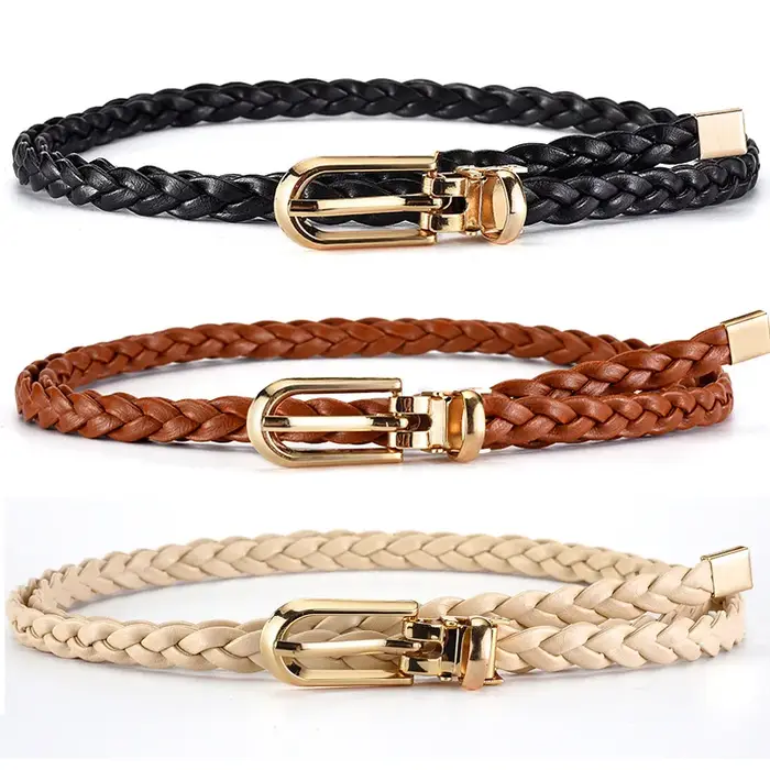 Ceinture fine tressée en cuir PU pour femmes