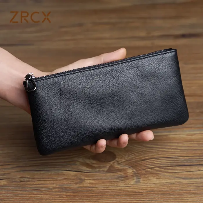 ZRCX hommes en cuir véritable longue fermeture éclair portefeuille première couche peau de vache jeunesse Ultra-mince