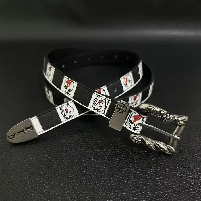 Ceinture Y2K punk de personnalité, motif damier noir et blanc dessiné à la main, style mélancolique 