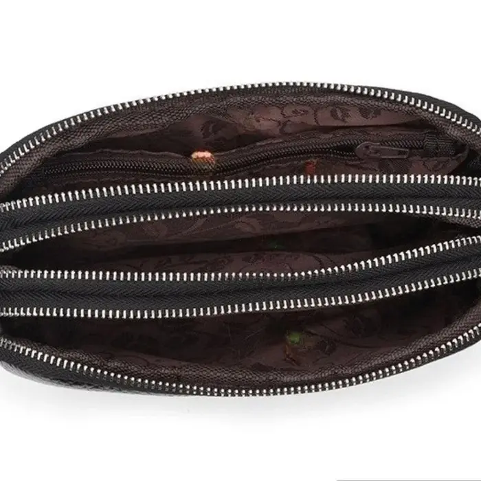 Femmes Long portefeuille en cuir véritable 3 couches fermeture éclair sac à main grande capacité bracelet pochette