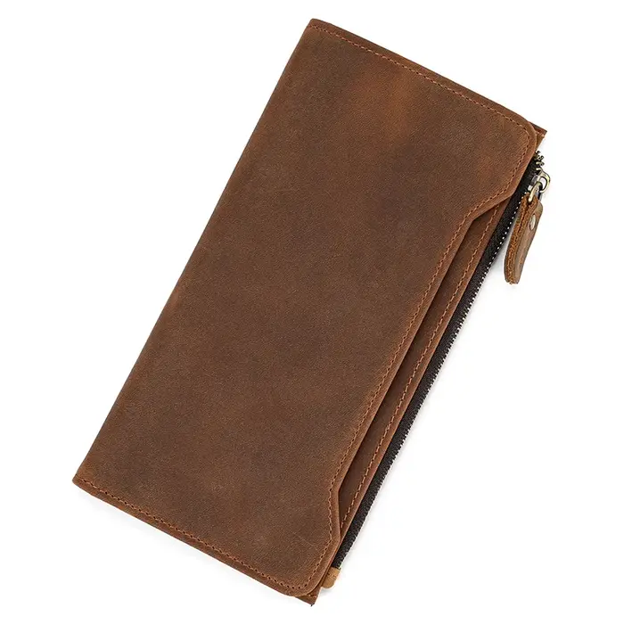 Portefeuille Long en Cuir de Cheval pour Homme, Pochette à Trois Volets, Marron, avec Poche pour Téléphone et Monnaie