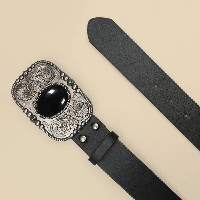 Ceinture rétro noire incrustée de Turquoise pour femmes