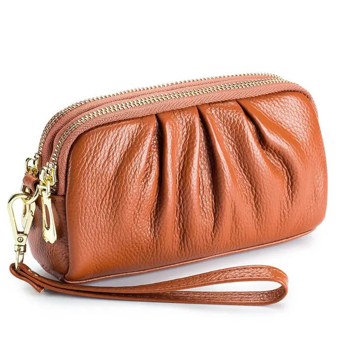Nouveau 2025 polyvalent dame portefeuille contraste couleur porte-clés chaîne Style véritable couche supérieure en cuir de vache fermeture éclair pièces de monnaie poche sac à main