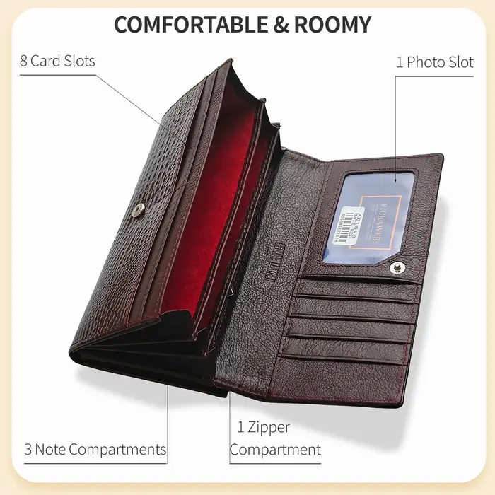 Portefeuille long pour femme en cuir véritable avec fermoir à pression