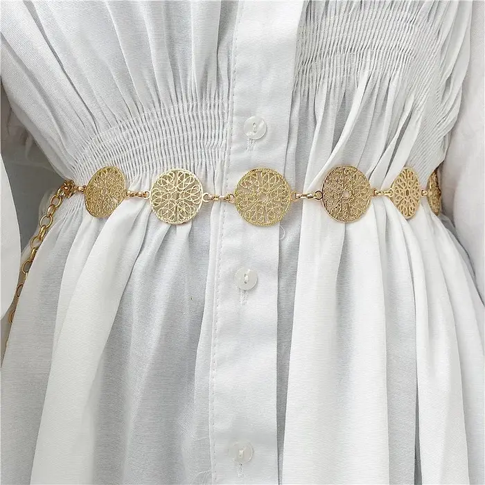 Ceinture ronde en métal pour femmes, élégante, rétro, or, argent, sculpté, chaîne ajourée, longues, robe à la mode, ceinture décorative pour dames