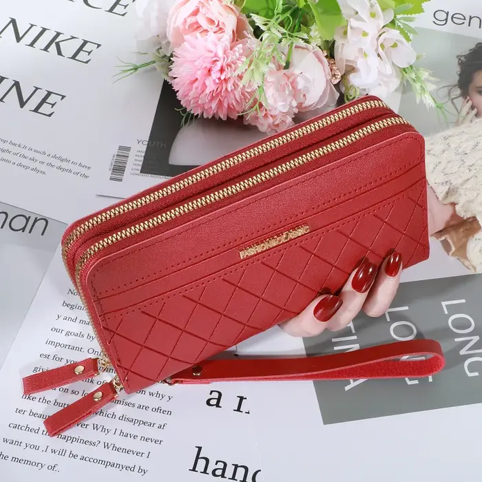 Portefeuille long pour femme, porte-monnaie à pompon, porte-cartes, pochette en cuir PU pour femme