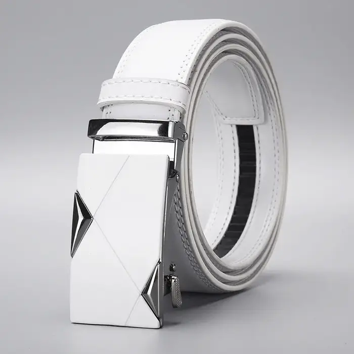 Ceinture en cuir PU blanc pour homme, boucle métallique géométrique automatique, accessoire polyvale