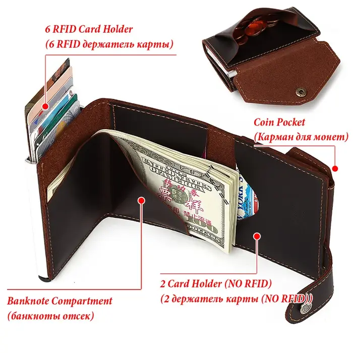 HUMERPAUL peau de vache hommes d'affaires en aluminium porte-carte d'identité RFID mince portefeuille en métal fermeture éclair porte-monnaie automatique Pop Up portefeuilles intelligents