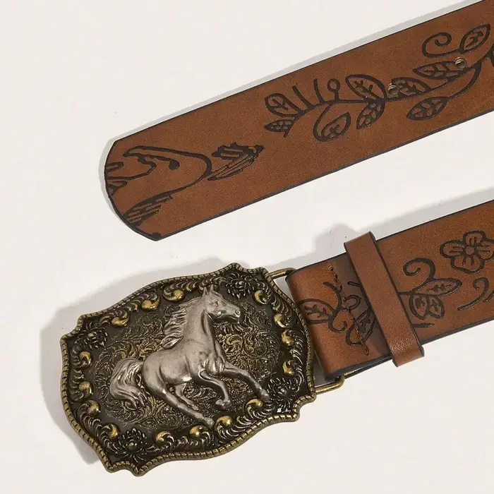 Ceinture en PU à motif de pivoine, boucle tête de cheval neutre, à la mode