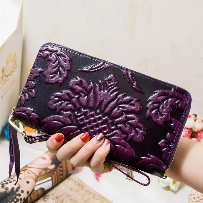 Portefeuille floral en cuir de vache véritable pour femme, sac à main vintage pour femme, pochette de grande capacité