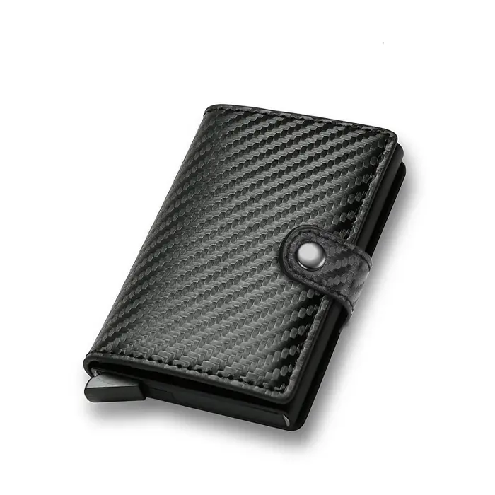 Portefeuille porte-cartes en fibre de carbone pour homme, RFID intelligent, fin, minimaliste, avec système pop-up, petit portefeuille noir en métal