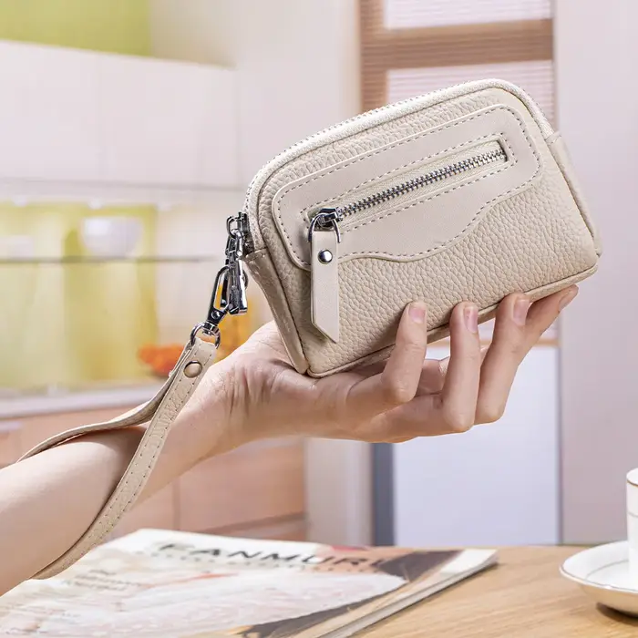 Nouveaux portefeuilles pour femmes en cuir véritable Double fermeture éclair sacs à main multifonctionnel grande capacité sac à monnaie petits porte-cartes de poignet