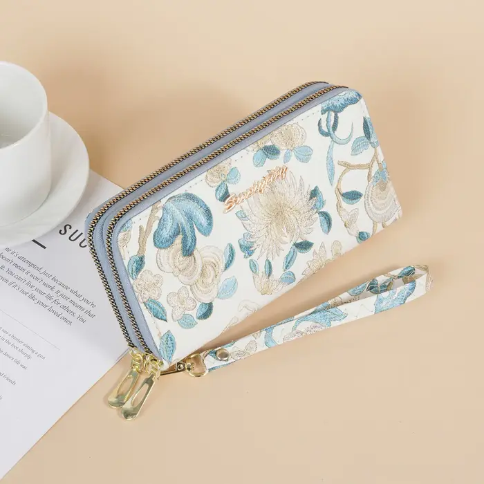 Portefeuille long vintage à broderie florale pour femme, double fermeture éclair, plusieurs emplacem