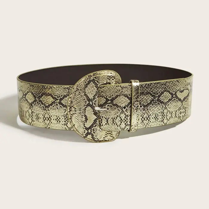 Ceinture large en cuir imprimé python doré avec grande boucle pour femme