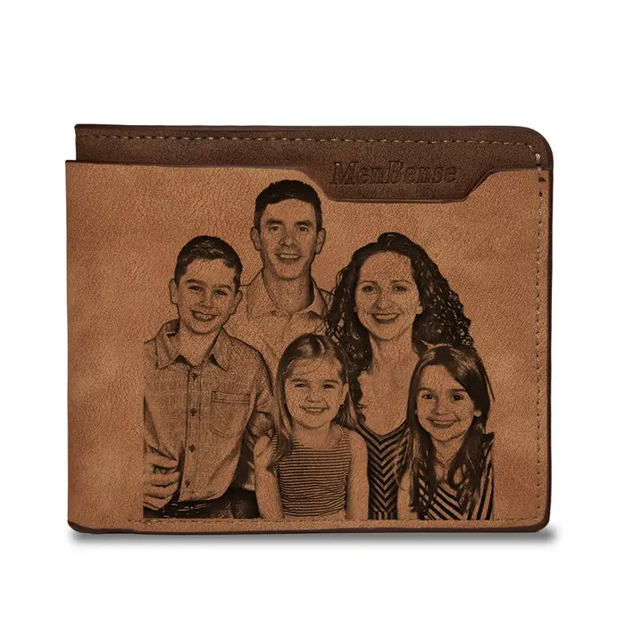 Portefeuille personnalisé Photo hommes marron court étanche multi-fonction mat cuir PU gravure