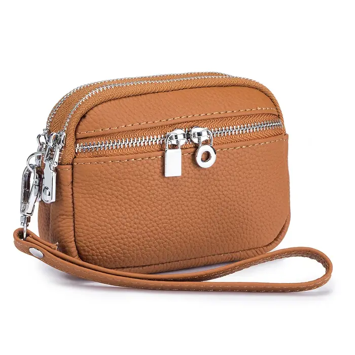 Portefeuille mini à double fermeture éclair pour femme, porte-monnaie simple texturé
