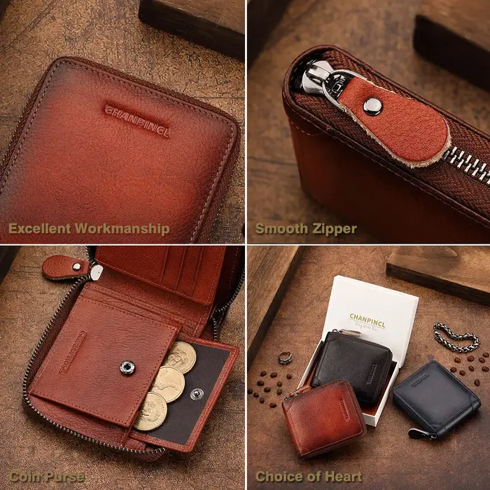 Portefeuille Homme à Zip Intégral en Cuir Italien Antique CHANPINCL – Poche à Monnaie