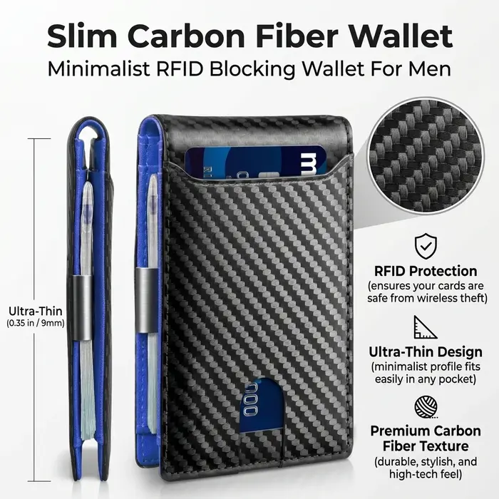 Portefeuille fin en fibre de carbone pour homme, blocage RFID, porte-cartes minimaliste, pince à billets en métal, portefeuille fin à double pli