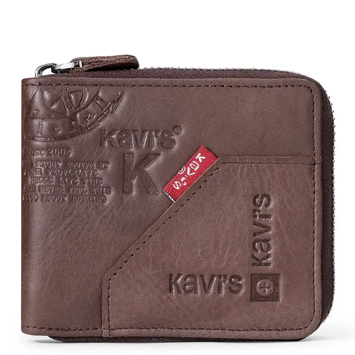 KAVIS portefeuille décontracté RFID bloquant mince porte-carte pour hommes en cuir véritable étui pour carte bancaire de crédit court mâle fermeture éclair autour du sac d'argent