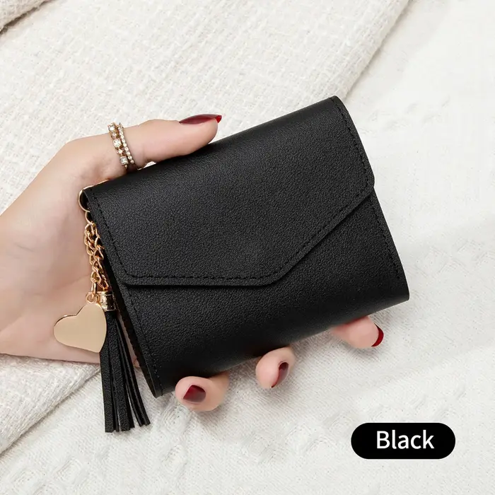 Portefeuille pochette compact pour femme élégant noir, porte-monnaie portable avec fermeture à press