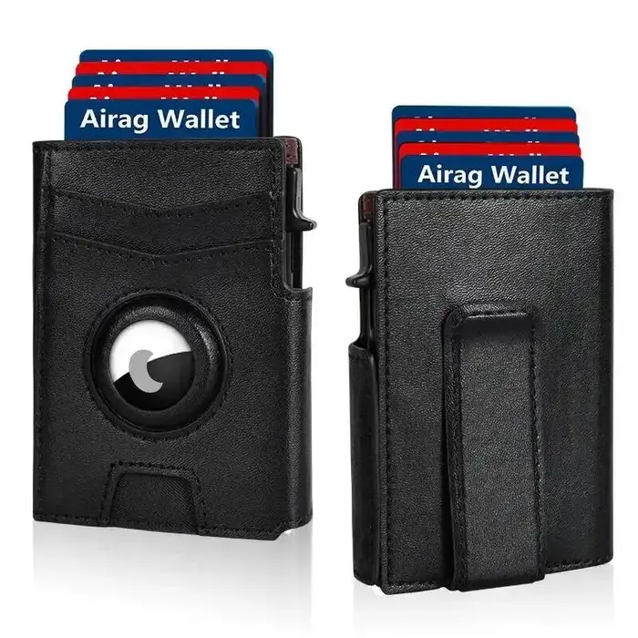Portefeuille en cuir noir pour homme, fin, à double pliage, avec blocage RFID, porte-cartes en métal