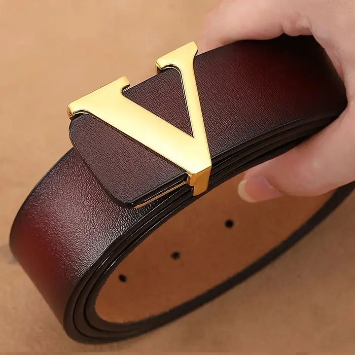 Ceinture rétro à boucle lisse pour hommes, surdimensionnée, en cuir de vache pur avec lettres, de st
