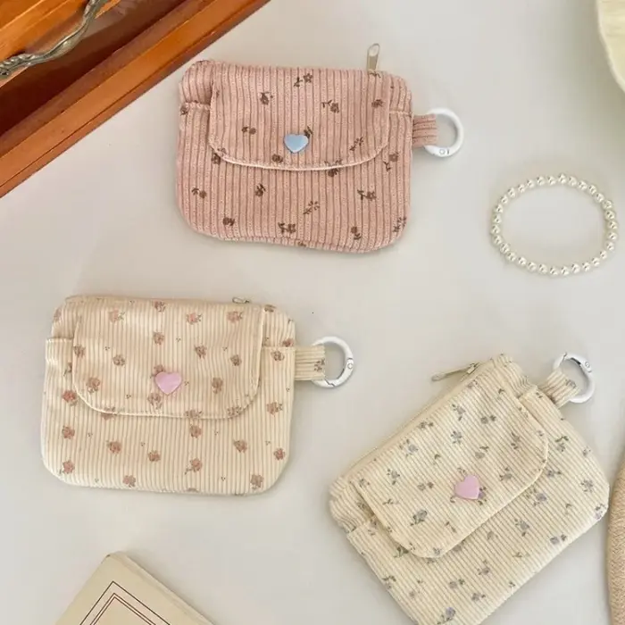 Sac à cartes imprimé en velours côtelé, porte-monnaie à fermeture éclair avec porte-clés, mignon pour enfants, petit portefeuille à fermeture éclair, porte-carte de crédit, sac d'identité