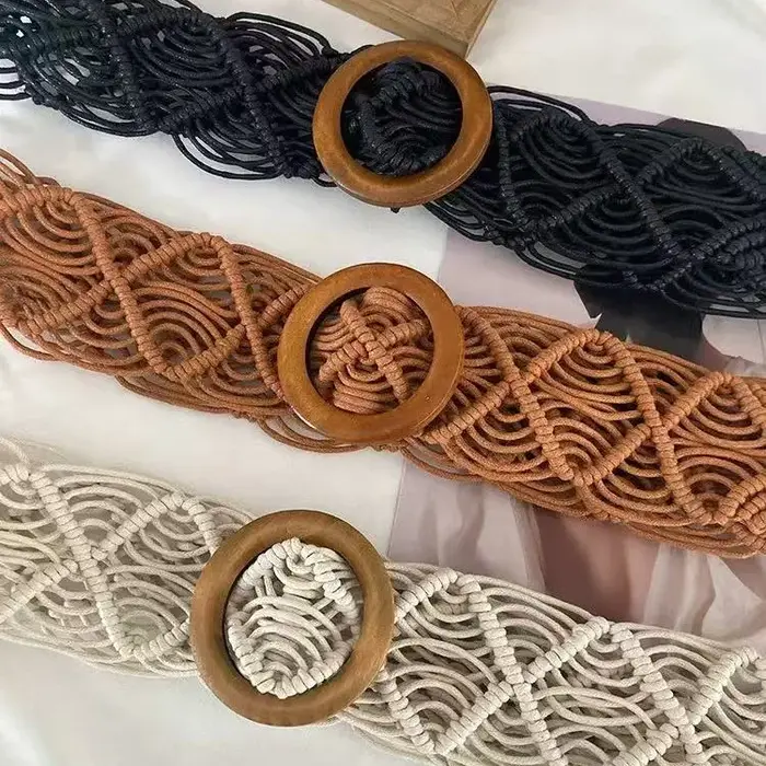 Ceinture en corde cirée tressée à la main style bohème, accessoire ethnique printemps/été avec boucle en bois pour robes