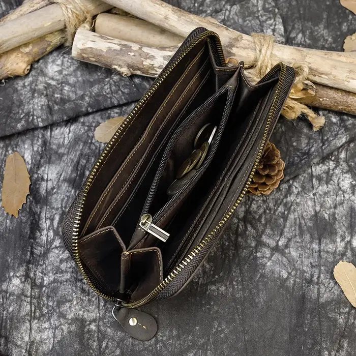 Luufan Crazy Horse portefeuille en cuir hommes pochette sac à main Double fermeture éclair 24 porte-cartes Vintage