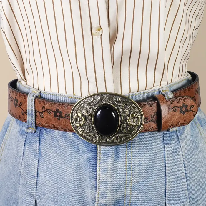 Ceinture pour femmes incrustée de Turquoise noir de Style Court rétro, Style Denim occidental, ceinture pour femmes de Niche, ceinture en pierres précieuses noires sculptées