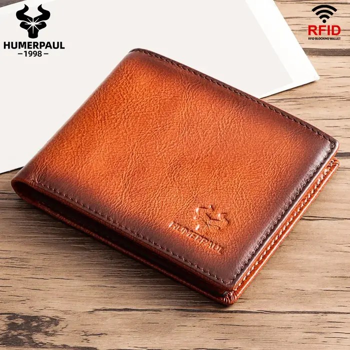HUMERPAUL portefeuille pour hommes en cuir véritable RFID bloquant à deux volets élégant porte-carte sac à main avec fenêtre d'identification classique mâle sac d'argent