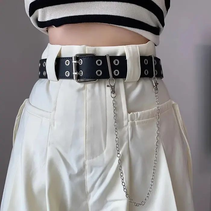 Ceinture gothique à Double anneau avec chaîne, ceinture en jean unisexe, boucle ardillon Punk, ceinture décorative, loisirs en alliage pour femmes, Double trou