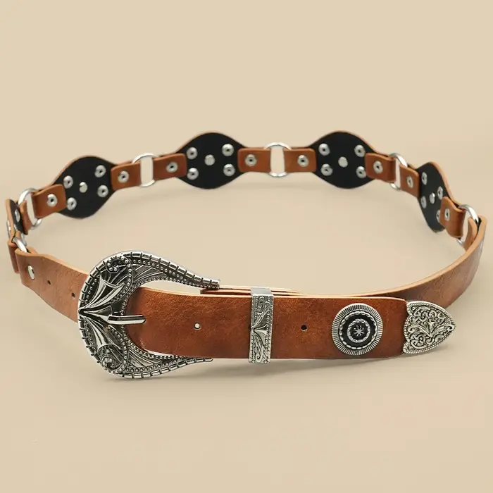 Ceinture femme vintage bohème marron – Design rivets sculptés