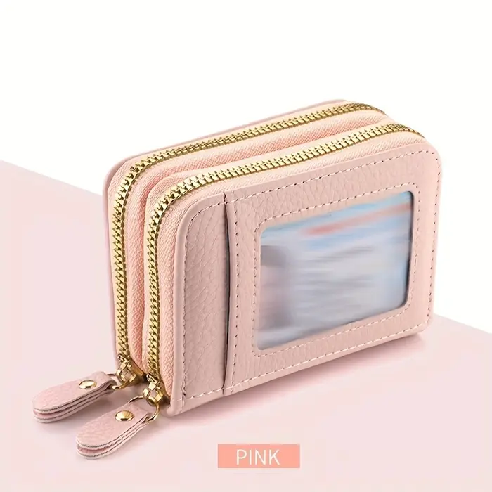 Porte-cartes de crédit en cuir pour femmes, double fermeture éclair, avec fenêtre d'identification e