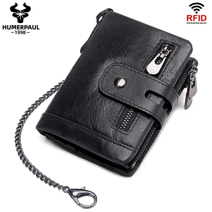 LAREET 100% portefeuille en cuir véritable avec peau de vache pour hommes porte-carte d'argent sac à main RFID court Double fermeture éclair poche à monnaie mâle à deux volets