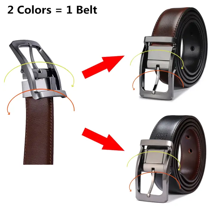 Ceinture réversible en cuir véritable pour hommes, 1 pièce, boucle rotative deux en un, grande et haute
