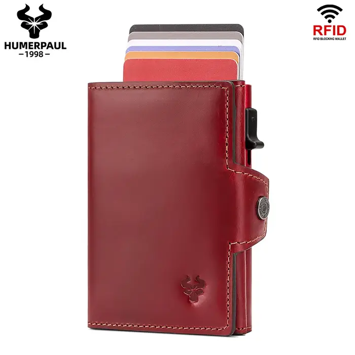 HUMERPAUL hommes porte-carte avec poche d'argent Crazy Horse cuir Pop Up minimaliste portefeuille RF
