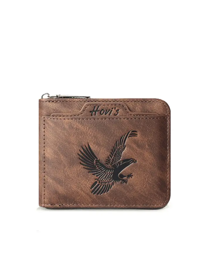  Portefeuille en cuir PU gaufré HOVIS Eagle pour hommes | Portefeuille court à fermeture éclair