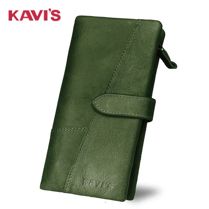 KAVIS-Portefeuille en cuir véritable pour femme, porte-monnaie unisexe, pochette longue pour femme, sacs pour téléphone portable, porte-cartes, mode